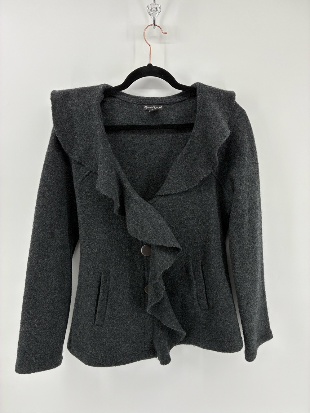 Alexandra Bartlett 100% Boiled Wool Charcoal Ruffled Cardigan